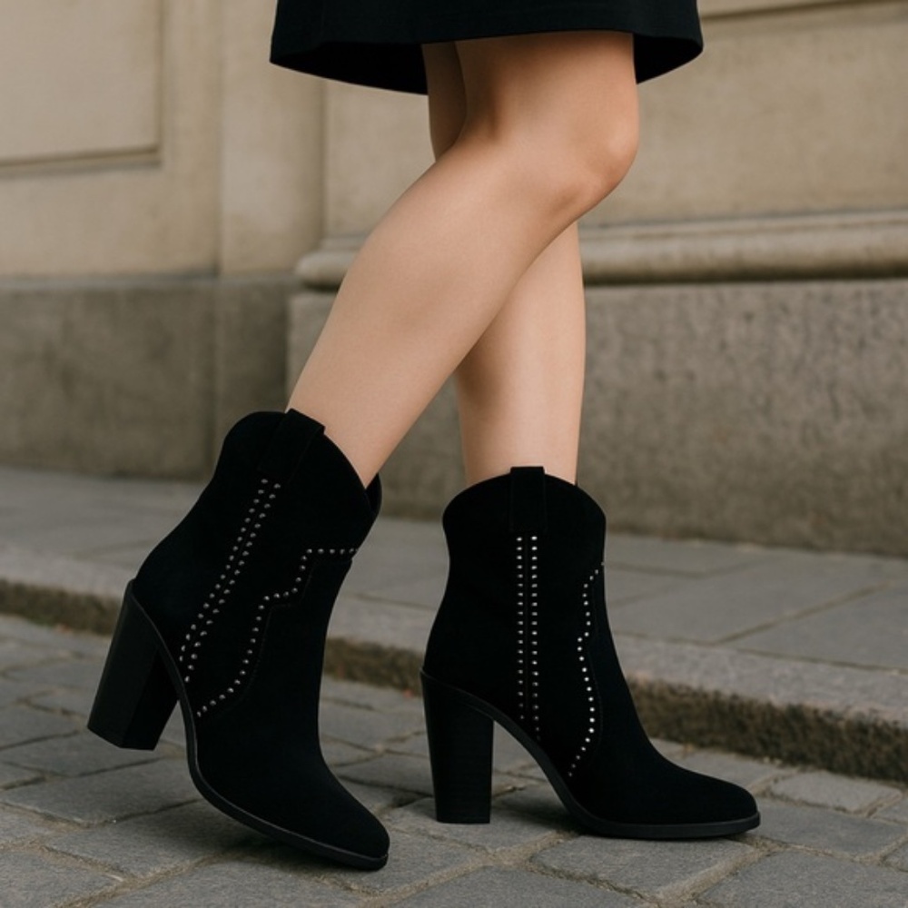 Joie Monte Black Suede Studded Western Ankle Boots Size 8.5